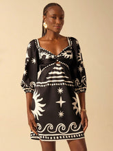 CAJUNI Women's Boho Vintage Retro Print Puff Sleeve Twist Front Short Beach Vacation Dress